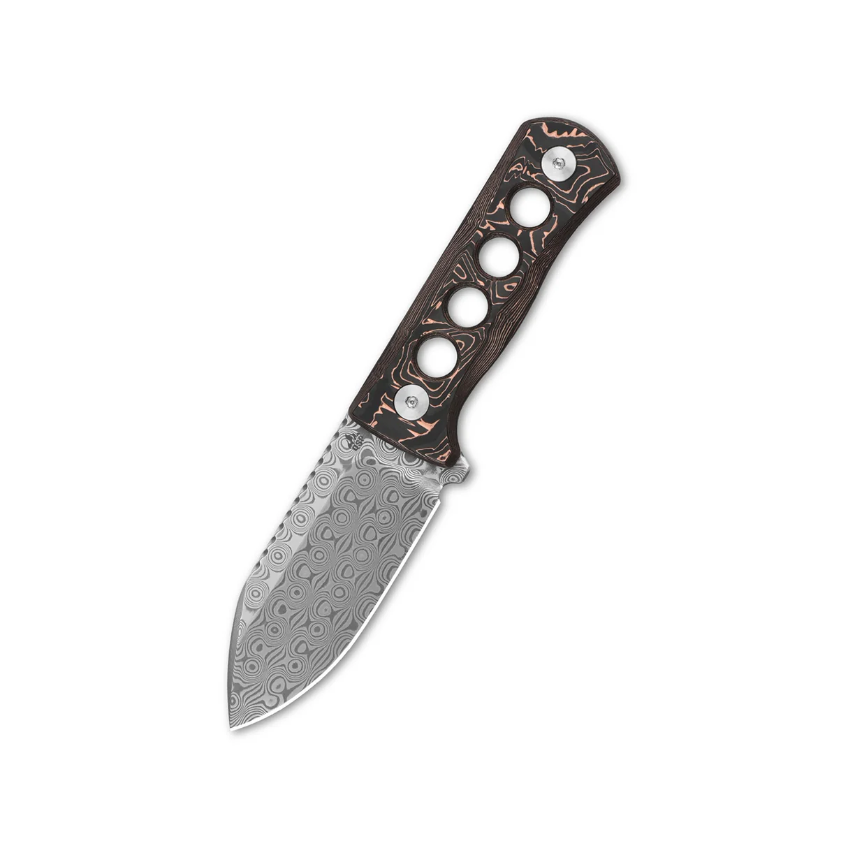 QSP Canary Neck Knife - 2.5" Damascus DP Blade, Copper Foil Carbon Fiber Handle, Kydex Neck Sheath - QS141-G